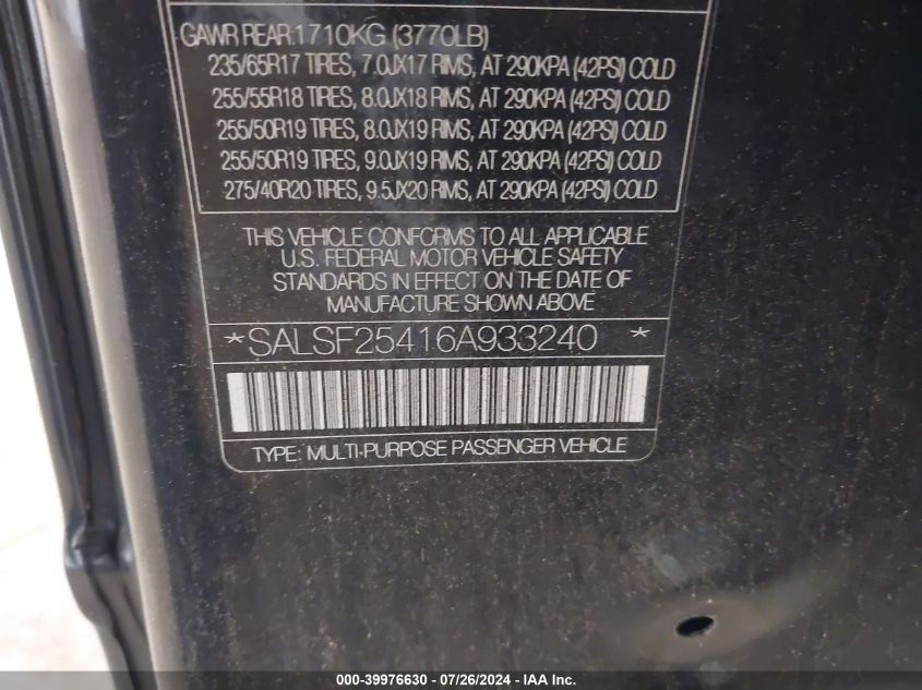 2006 Land Rover Range Rover Sport Hse VIN: SALSF25416A933240 Lot: 39976630