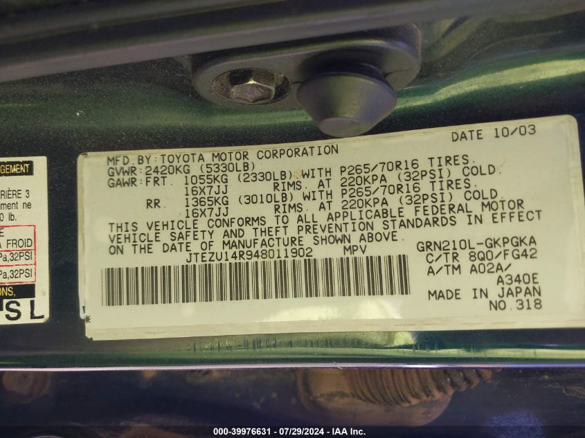 2004 Toyota 4Runner Sr5 V6 VIN: JTEZU14R948011902 Lot: 39976631