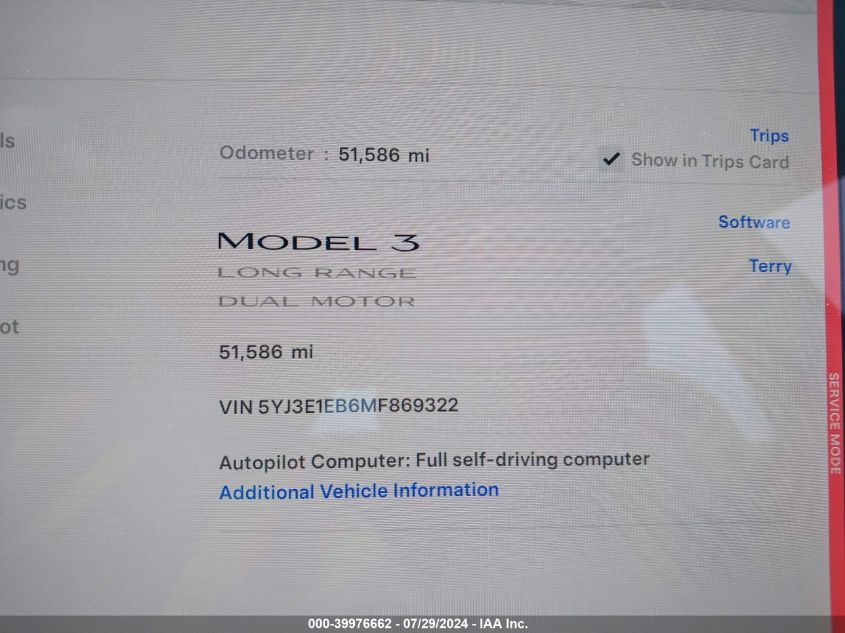 2021 Tesla Model 3 VIN: 5YJ3E1EB6MF869322 Lot: 39976662