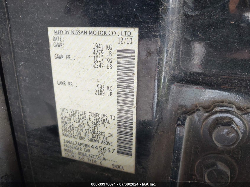 2011 Nissan Altima 2.5 S VIN: 1N4AL2AP9BN445657 Lot: 39976671