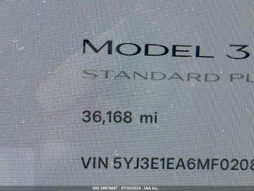 2021 Tesla Model 3 Standard Range Plus Rear-Wheel Drive VIN: 5YJ3E1EA6MF020847 Lot: 39976697