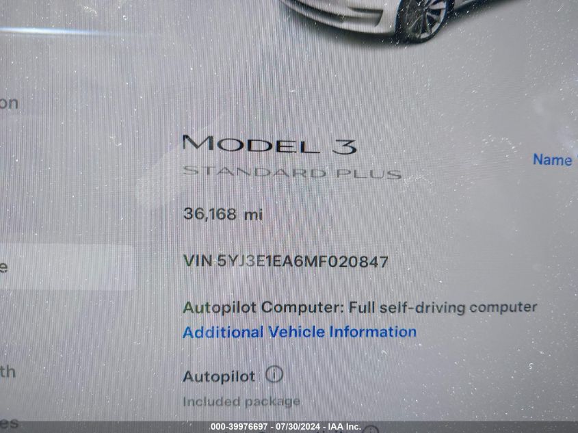 2021 Tesla Model 3 Standard Range Plus Rear-Wheel Drive VIN: 5YJ3E1EA6MF020847 Lot: 39976697