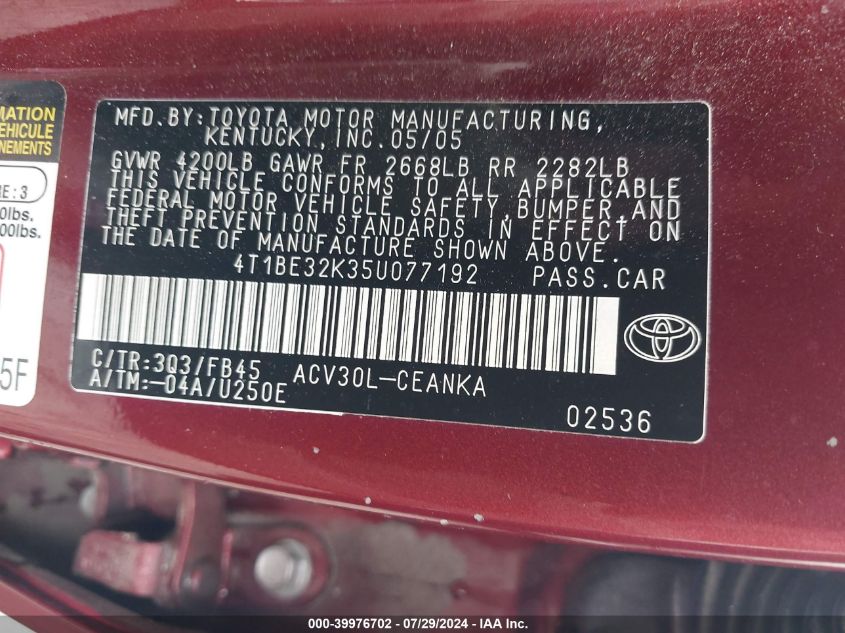 2005 Toyota Camry Le VIN: 4T1BE32K35U077192 Lot: 39976702