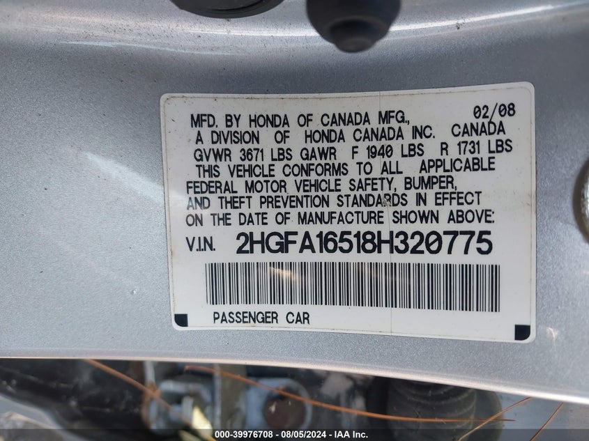 2008 Honda Civic Sdn Lx VIN: 2HGFA16518H320775 Lot: 39976708