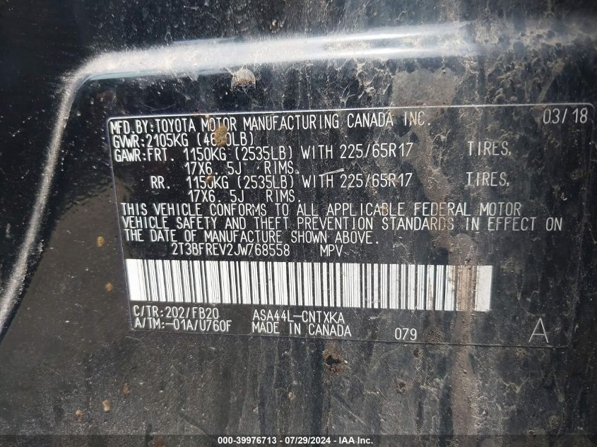 2018 Toyota Rav4 Le VIN: 2T3BFREV2JW768558 Lot: 39976713