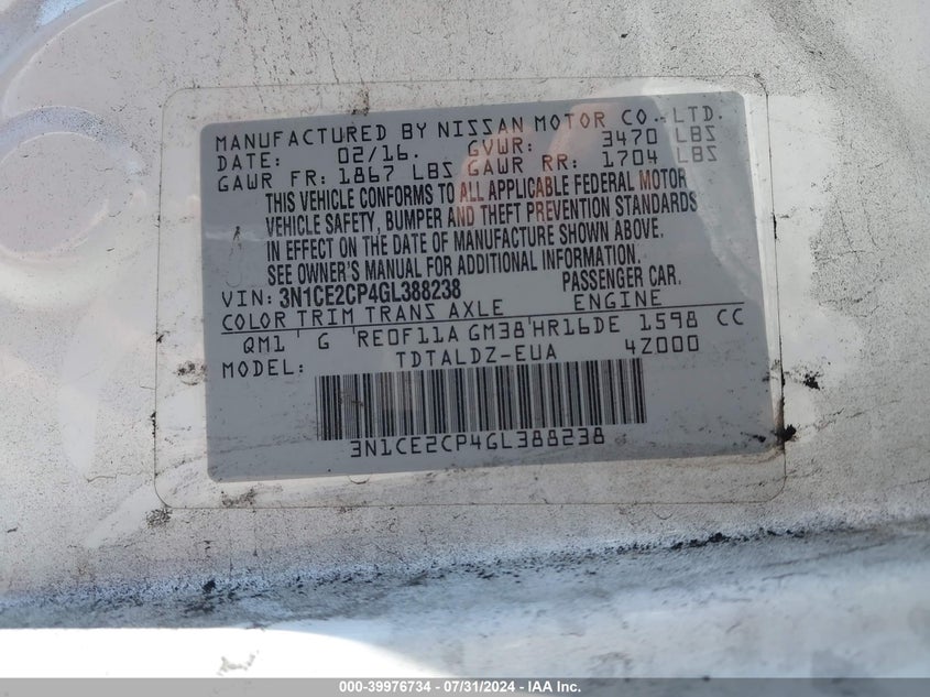 2016 Nissan Versa Note Sv VIN: 3N1CE2CP4GL388238 Lot: 39976734