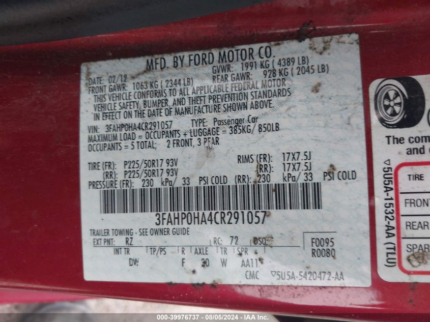 2012 Ford Fusion Se VIN: 3FAHP0HA4CR291057 Lot: 39976737