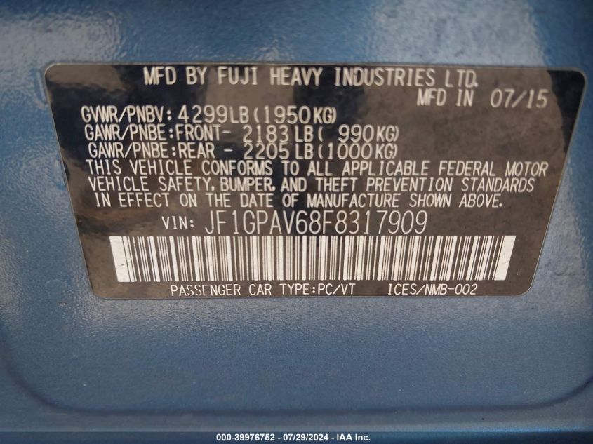 2015 Subaru Impreza 2.0I Sport Limited VIN: JF1GPAV68F8317909 Lot: 39976752