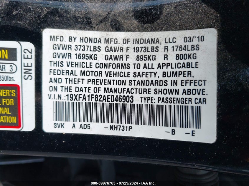 2010 Honda Civic Ex VIN: 19XFA1F82AE046903 Lot: 39976763