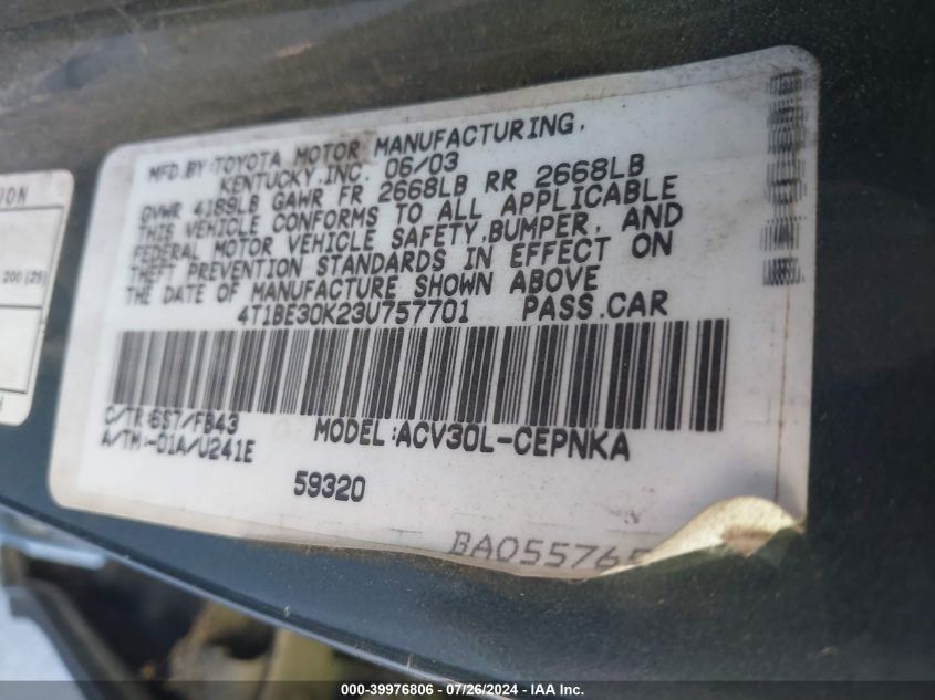 2003 Toyota Camry Le VIN: 4T1BE30K23U757701 Lot: 39976806