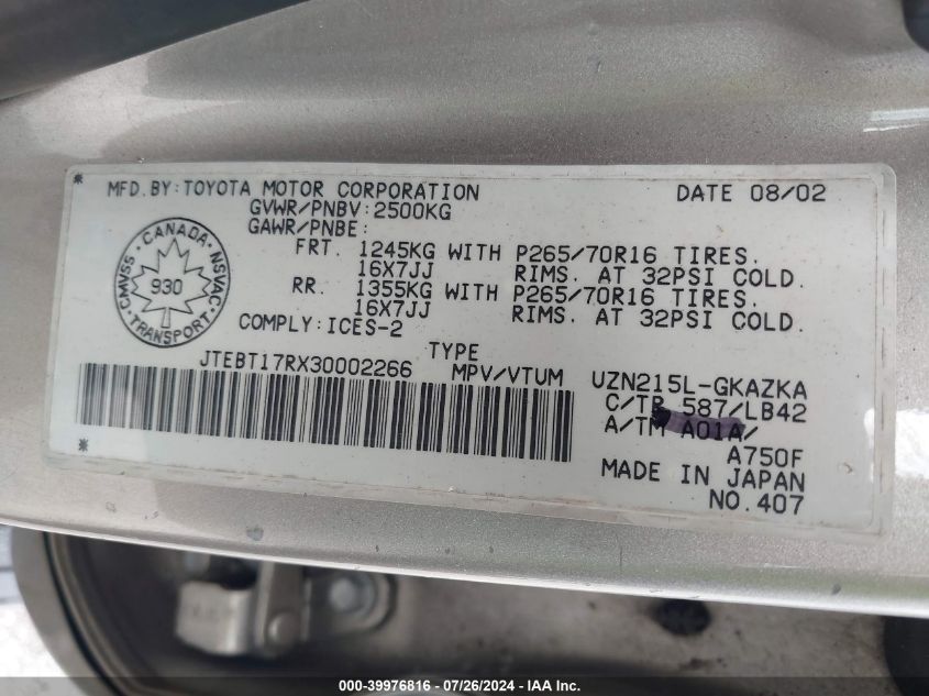 2003 Toyota 4Runner VIN: JTEBT17RX30002266 Lot: 39976816