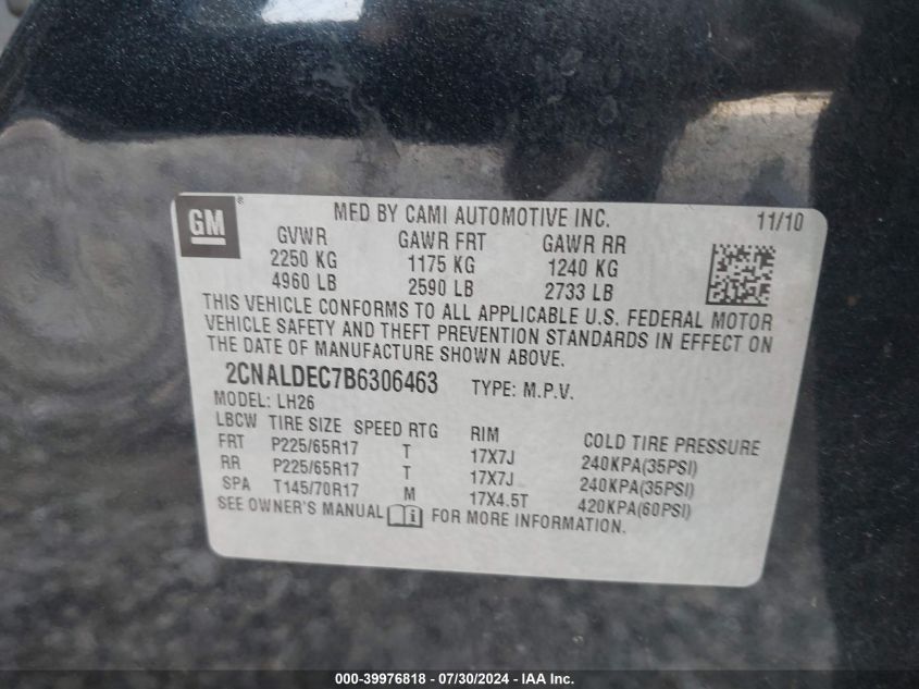 2011 Chevrolet Equinox Lt VIN: 2CNALDEC7B6306463 Lot: 39976818