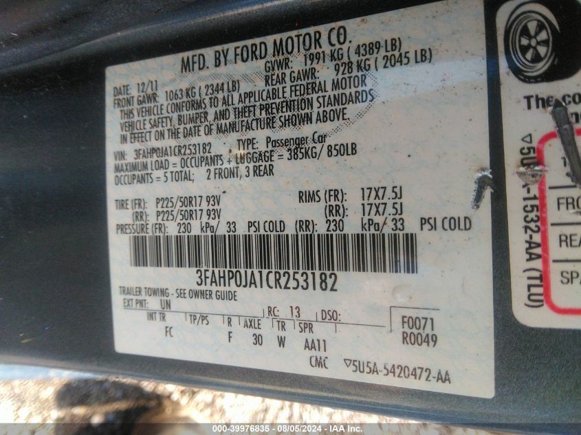 2012 Ford Fusion Sel VIN: 3FAHP0JA1CR253182 Lot: 39976835