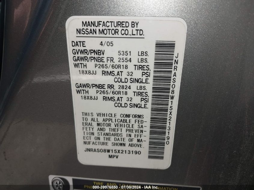 2005 Infiniti Fx35 VIN: JNRAS08W15X213190 Lot: 39976850
