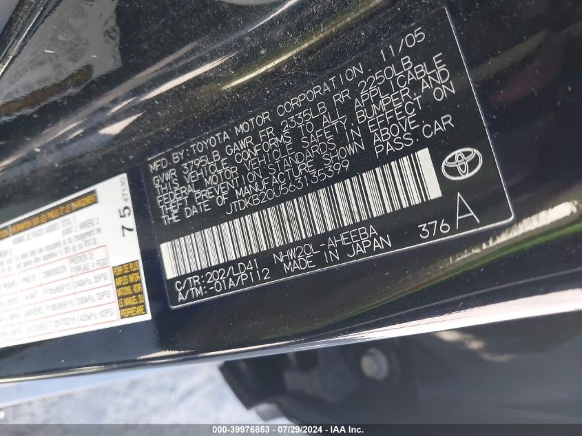 2006 Toyota Prius VIN: JTDKB20U563135399 Lot: 39976853