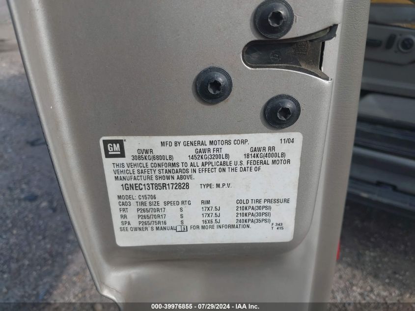 2005 Chevrolet Tahoe Z71 VIN: 1GNEC13T85R172828 Lot: 39976855