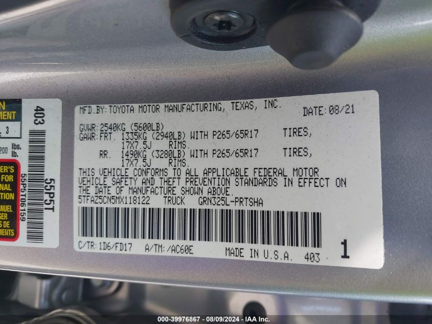 2021 Toyota Tacoma Trd Sport VIN: 5TFAZ5CN5MX118122 Lot: 39976867