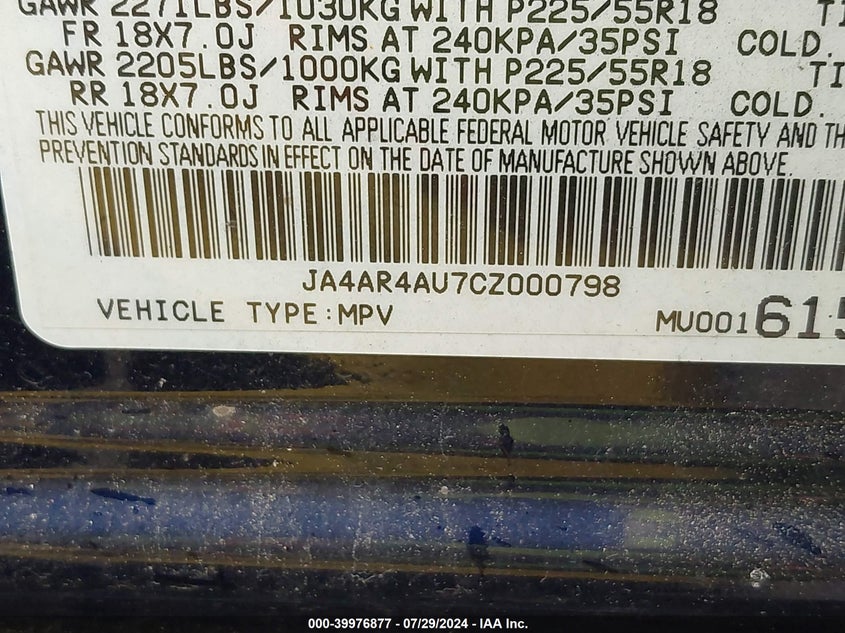 2012 Mitsubishi Outlander Sport Se VIN: JA4AR4AU7CZ000798 Lot: 39976877