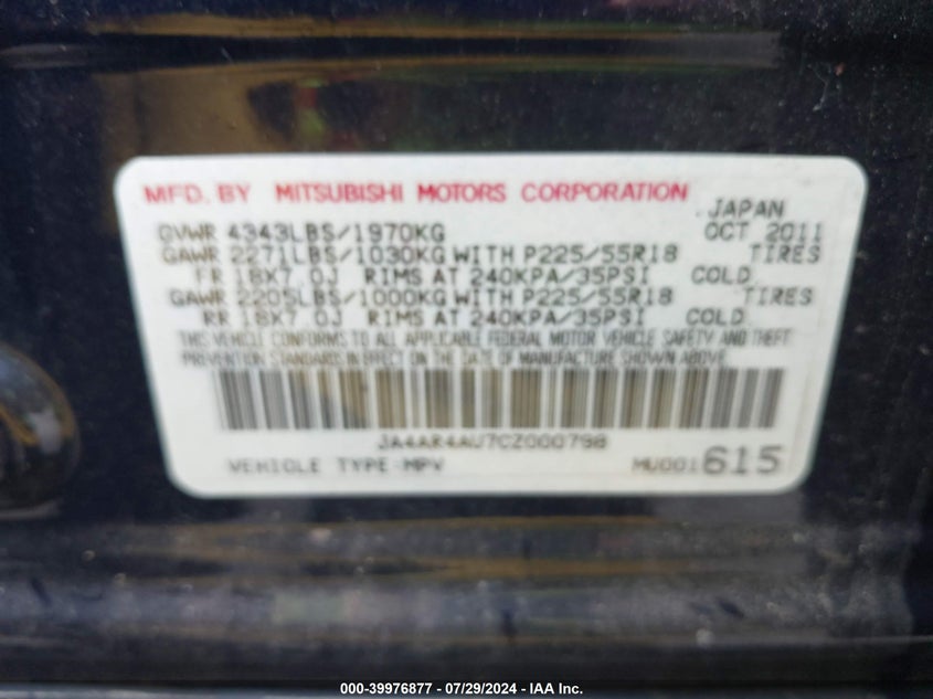 2012 Mitsubishi Outlander Sport Se VIN: JA4AR4AU7CZ000798 Lot: 39976877