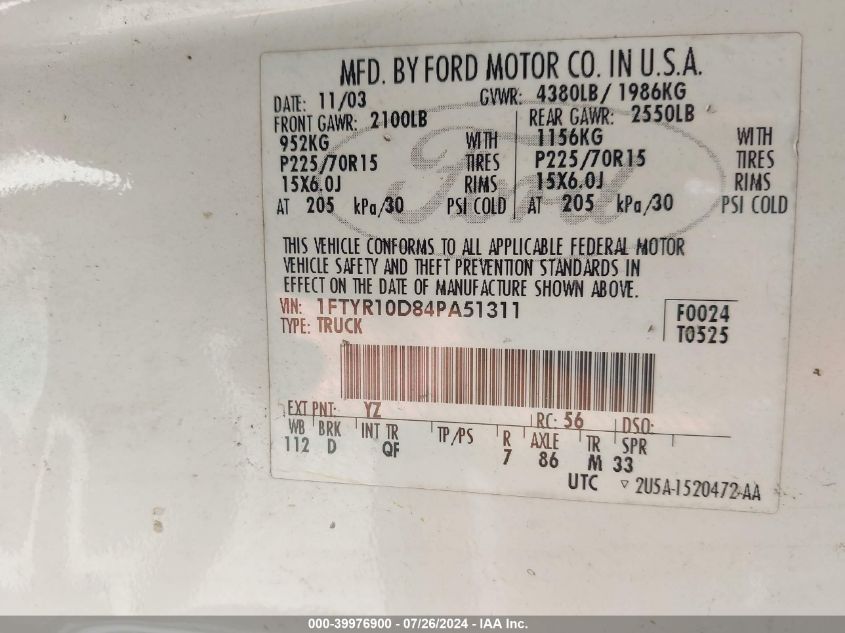 2004 Ford Ranger Xl/Xlt VIN: 1FTYR10D84PA51311 Lot: 39976900