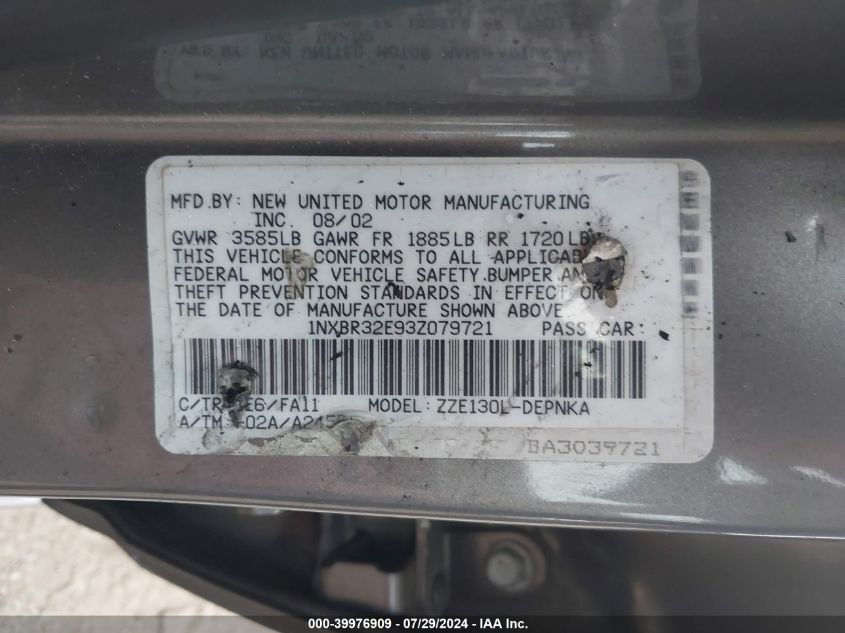 2003 Toyota Corolla Le VIN: 1NXBR32E93Z079721 Lot: 39976909