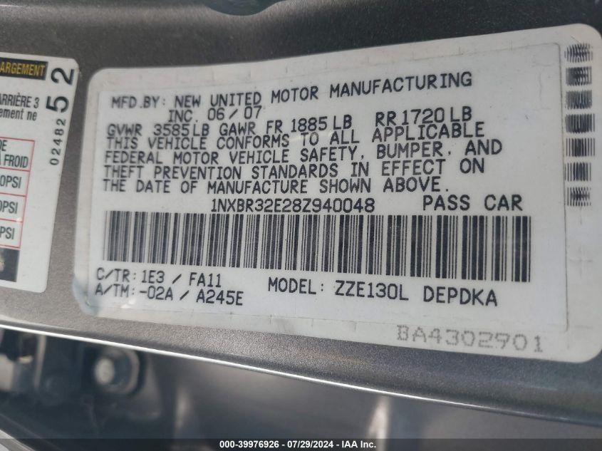 2008 Toyota Corolla Ce VIN: 1NXBR32E28Z940048 Lot: 39976926