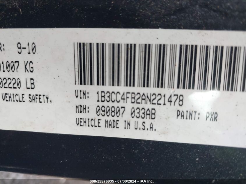 2010 Dodge Avenger Sxt VIN: 1B3CC4FB2AN221478 Lot: 39976935