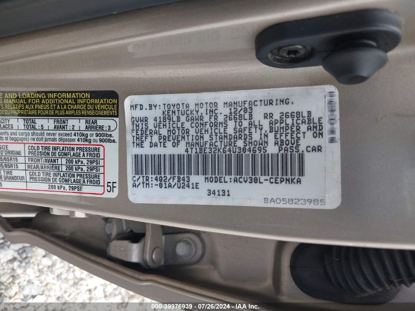 2004 Toyota Camry Le VIN: 4T1BE32K64U304695 Lot: 39976939