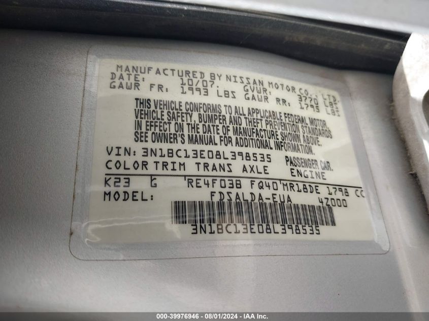 2008 Nissan Versa 1.8S VIN: 3N1BC13E08L398535 Lot: 39976946