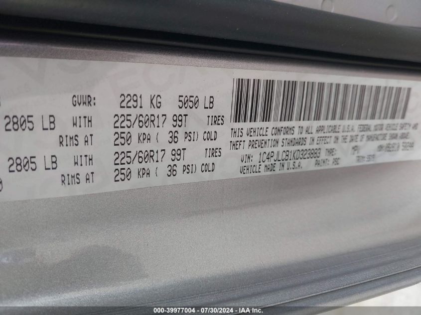 2019 Jeep Cherokee Latitude VIN: 1C4PJLCB1KD323883 Lot: 39977004