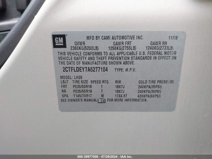 2010 GMC Terrain Sle-2 VIN: 2CTFLDEY7A6277104 Lot: 39977008