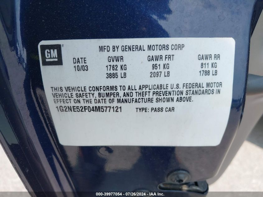 2004 Pontiac Grand Am Se VIN: 1G2NE52F04M577121 Lot: 39977054