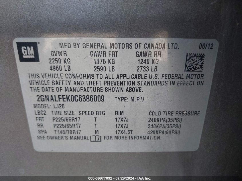 2012 Chevrolet Equinox Ltz VIN: 2GNALFEK0C6386009 Lot: 39977092
