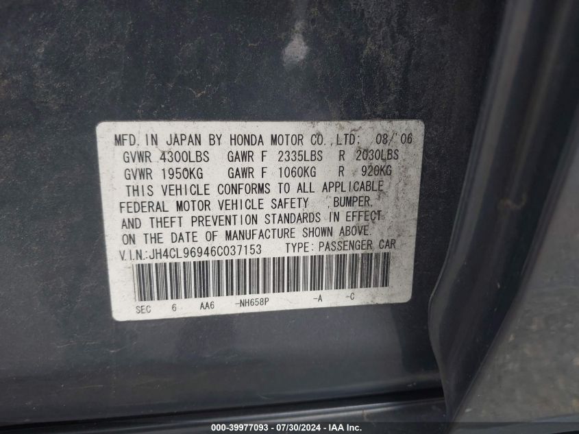 2006 Acura Tsx VIN: JH4CL96946C037153 Lot: 39977093