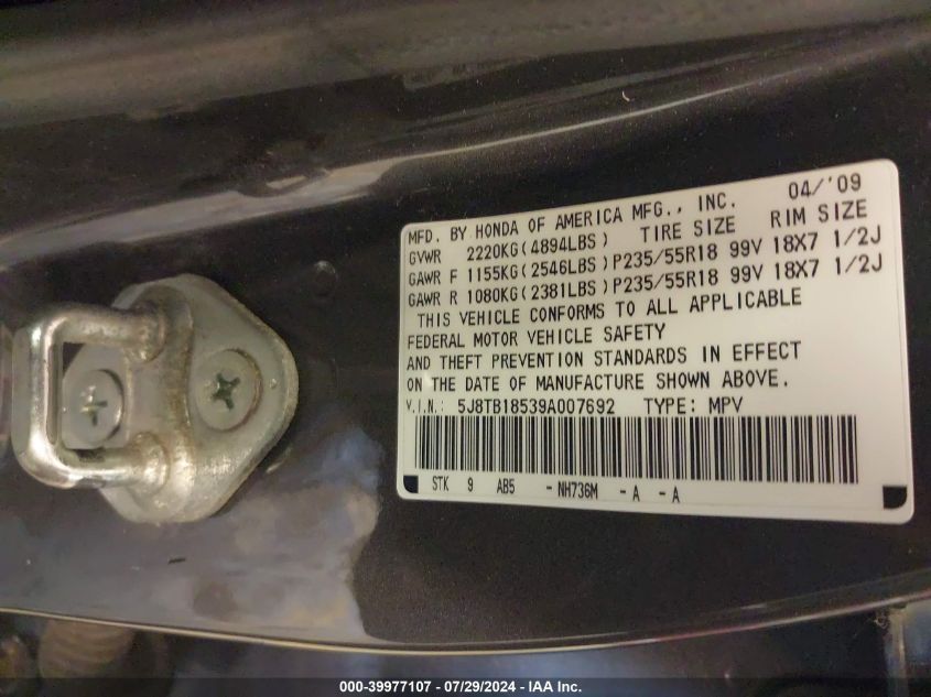 2009 Acura Rdx Technology VIN: 5J8TB18539A007692 Lot: 39977107