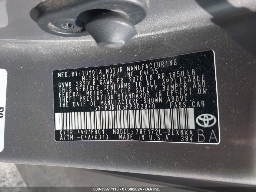 2015 TOYOTA COROLLA LE PLUS - 5YFBURHE5FP302870