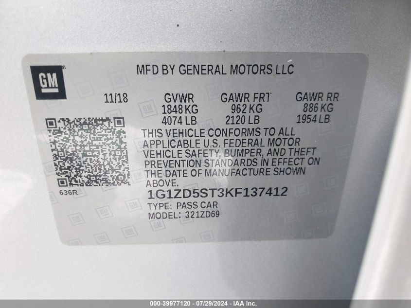 1G1ZD5ST3KF137412 | 2019 CHEVROLET MALIBU