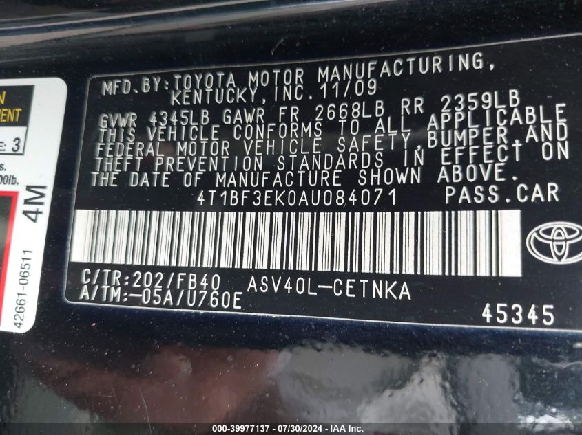 2010 Toyota Camry Le VIN: 4T1BF3EK0AU084071 Lot: 39977137