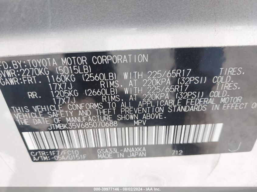 2008 Toyota Rav4 Base V6 VIN: JTMBK35V685070688 Lot: 39977146