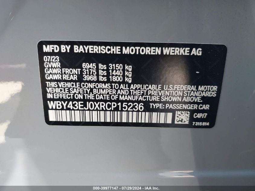 2024 BMW I7 Edrive50 VIN: WBY43EJ0XRCP15236 Lot: 39977147