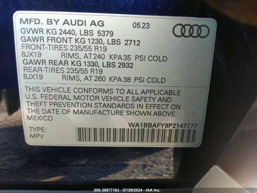 2023 Audi Q5 Premium Plus 40 Tfsi Quattro S Tronic VIN: WA1BBAFY8P2147777 Lot: 39977163