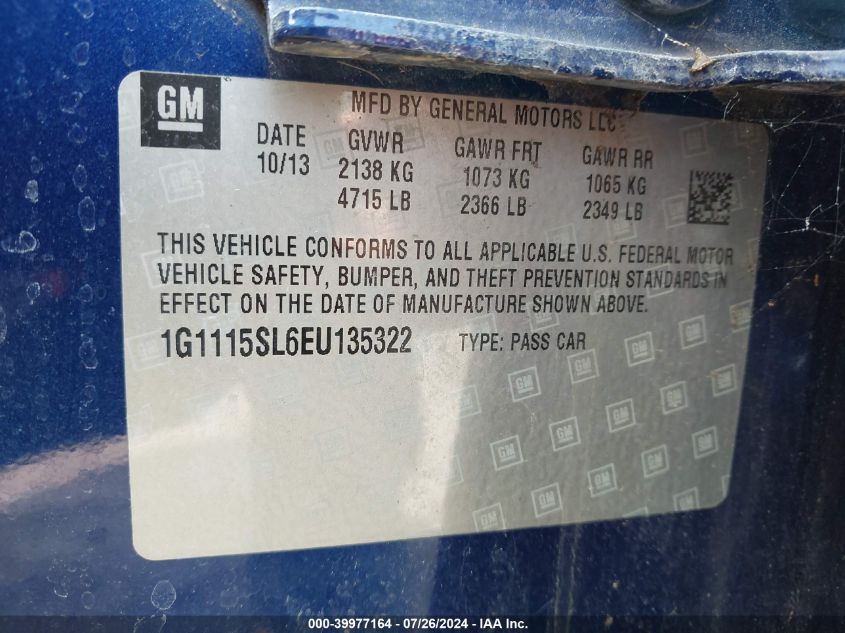 2014 Chevrolet Impala 1Lt VIN: 1G1115SL6EU135322 Lot: 39977164