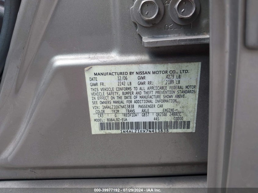2007 Nissan Altima 2.5 S VIN: 1N4AL21EX7N413838 Lot: 39977192
