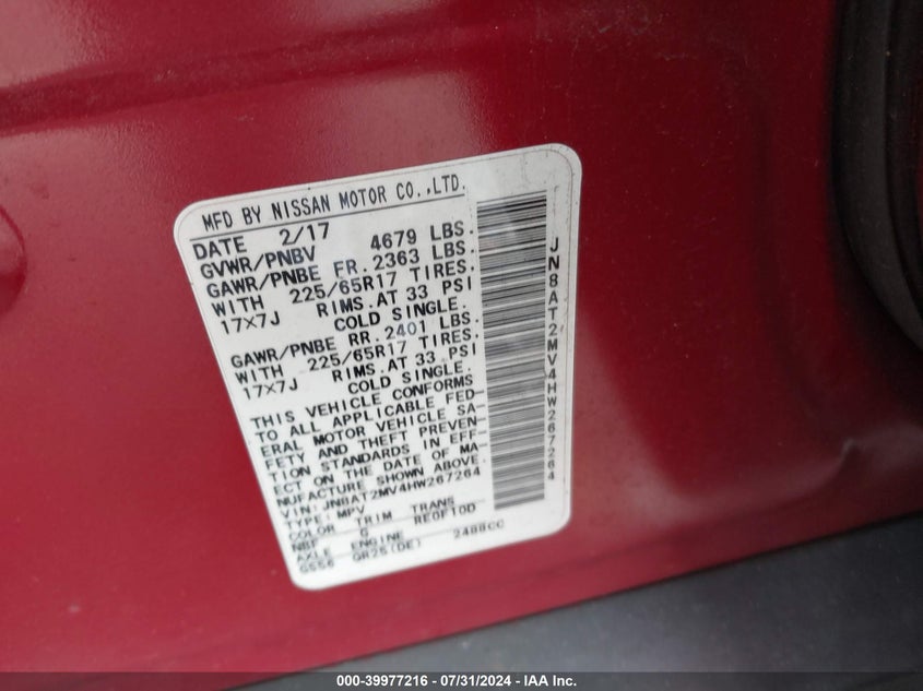 2017 NISSAN ROGUE SV - JN8AT2MV4HW267264