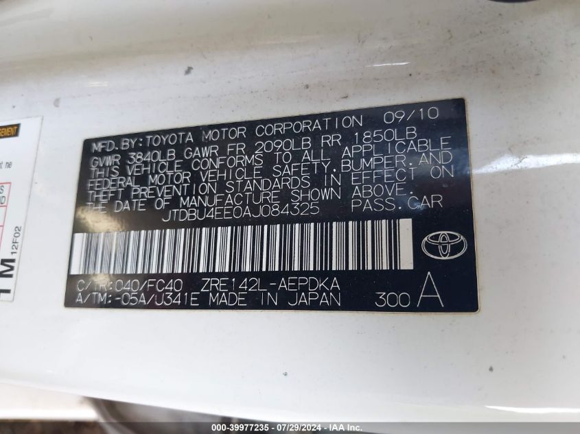 2010 Toyota Corolla S/Le/Xle VIN: JTDBU4EE0AJ084325 Lot: 39977235