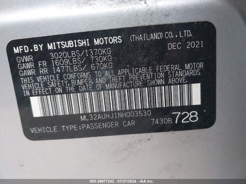 2022 Mitsubishi Mirage Es/Le VIN: ML32AUHJ1NH003530 Lot: 39977242