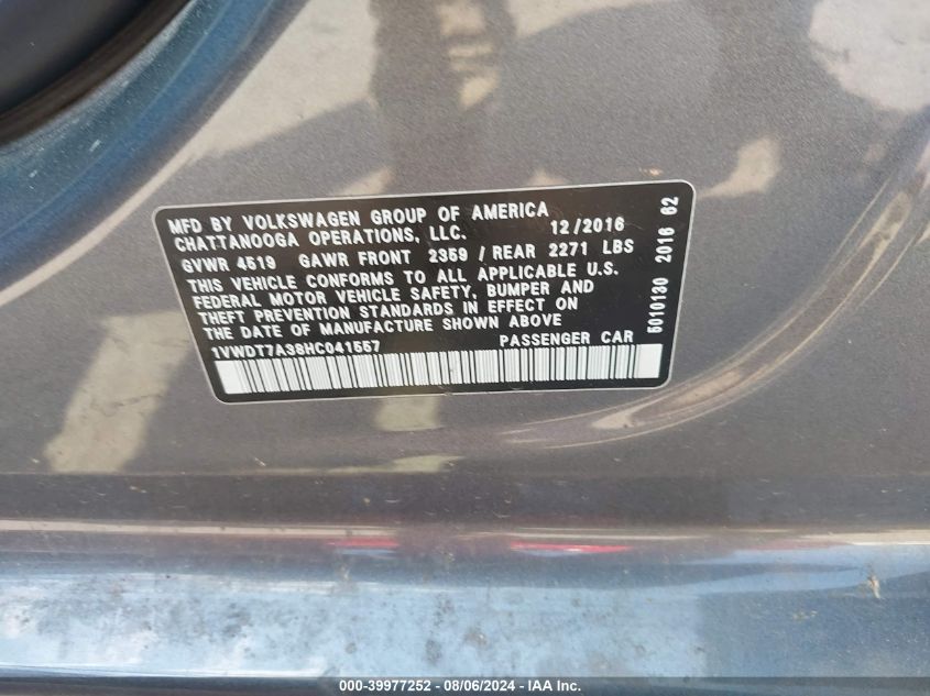 VIN 1VWDT7A38HC041557 2017 VOLKSWAGEN PASSAT 1.8T R-LINE