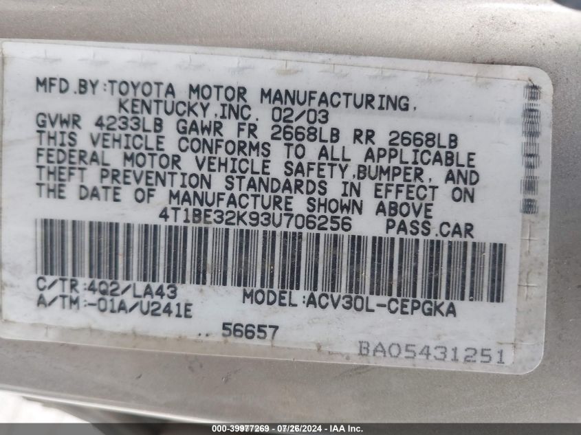 2003 Toyota Camry Xle VIN: 4T1BE32K93U706256 Lot: 39977269