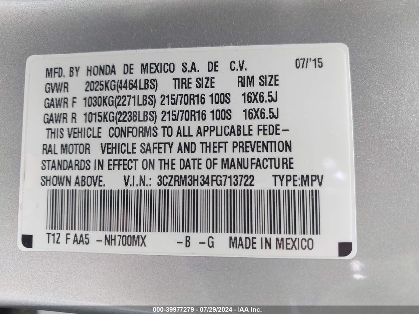 2015 Honda Cr-V Lx VIN: 3CZRM3H34FG713722 Lot: 39977279