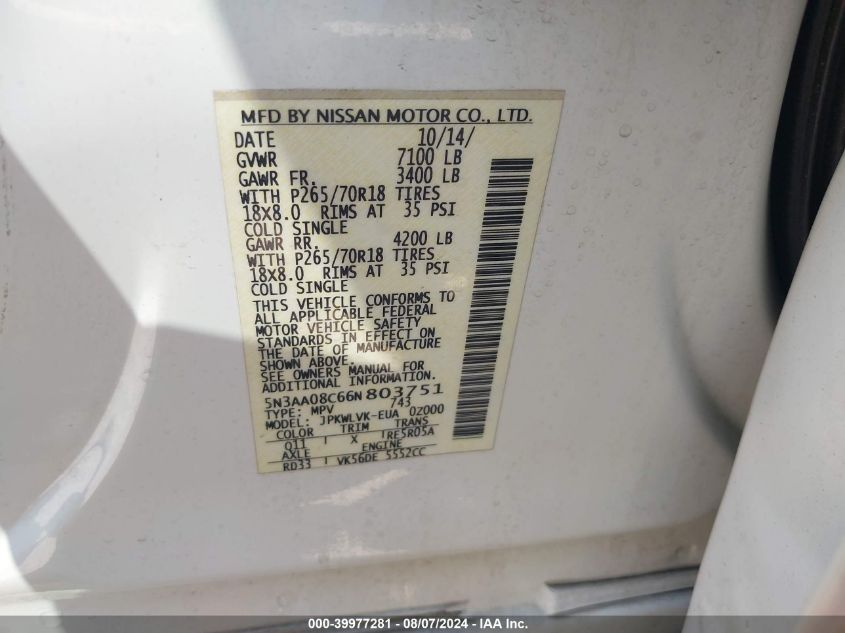 2006 Infiniti Qx56 VIN: 5N3AA08C66N803751 Lot: 39977281